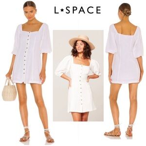 L*SPACE Linen Marina Dress White Mini Puff Cinched Sleeves Square Neck Poplin M